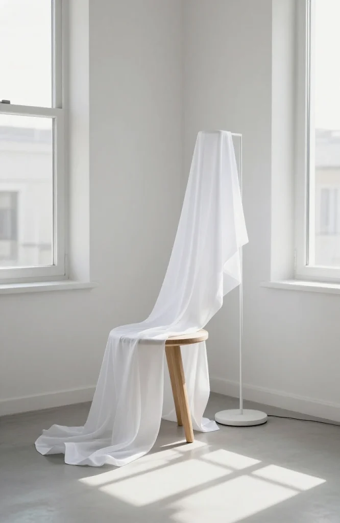 White cheesecloth draped over furniture creating minimalist ghost decorations for Halloween in a modern home