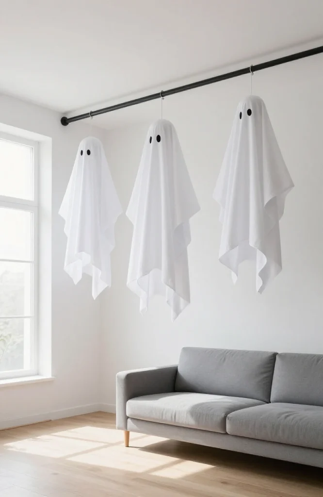 White cheesecloth ghosts suspended from ceiling as minimal Halloween decoration for home