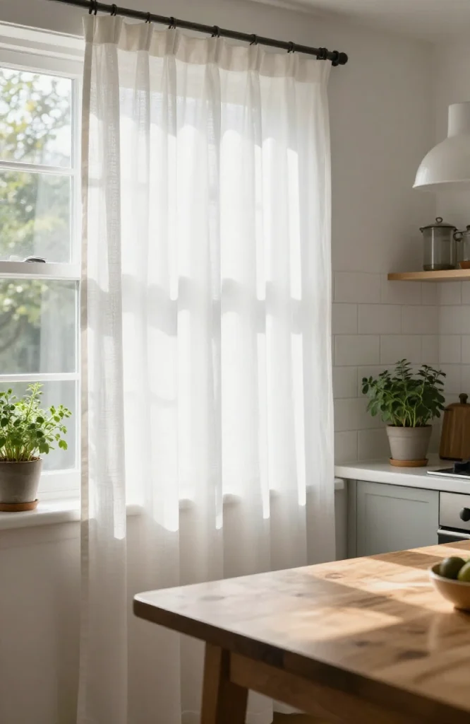 White cotton curtains hanging on a kitchen window with natural light filtering through the fabric
