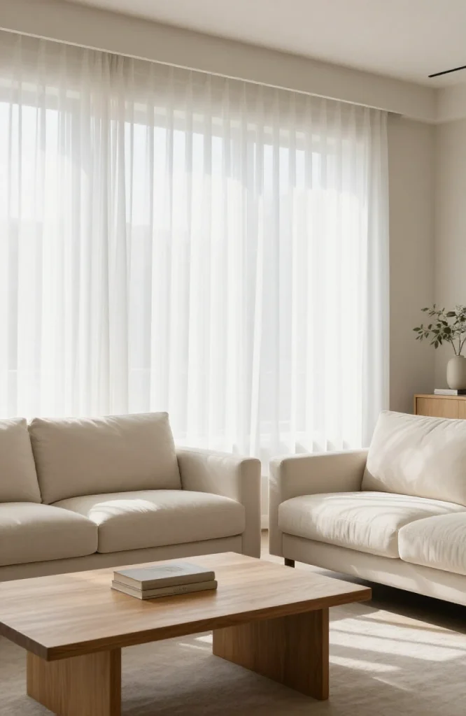Bright living room with white floor-to-ceiling curtains creating an airy, light-filled space with natural window light