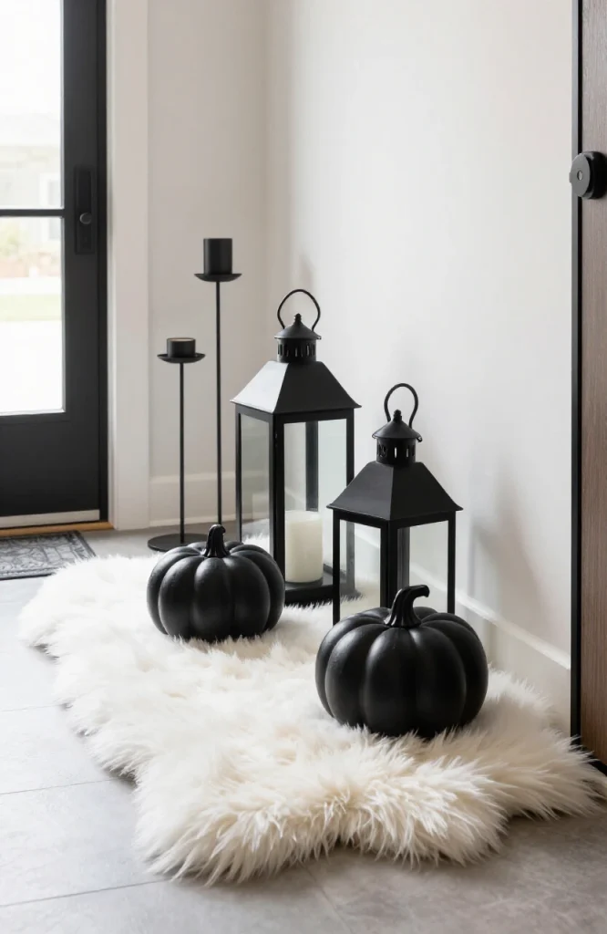 White faux fur rug beneath black Halloween decorations in minimalist room setting