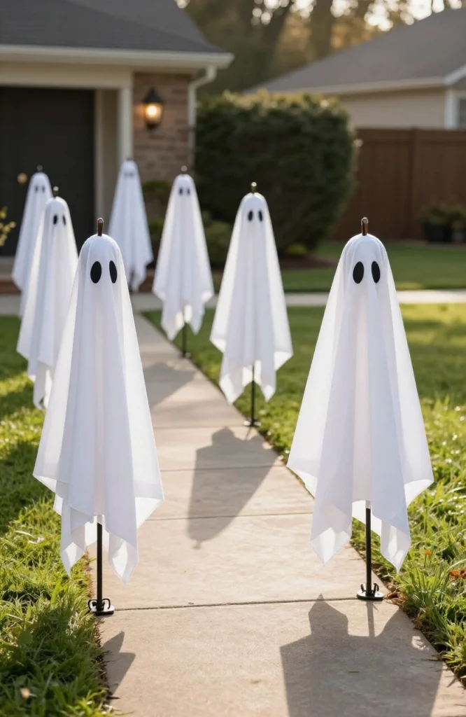 White ghost sheet decorations draped over shepherd hooks lining a Halloween walkway for trick-or-treat night