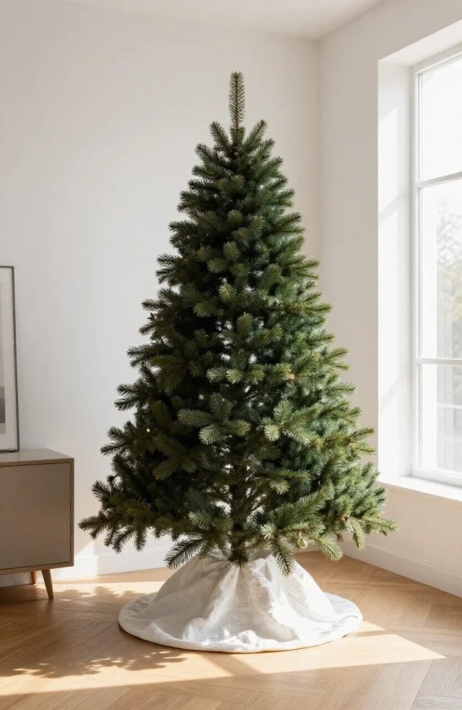 White linen tree skirt wrapped around base of Christmas tree as minimalist alternative to faux fur