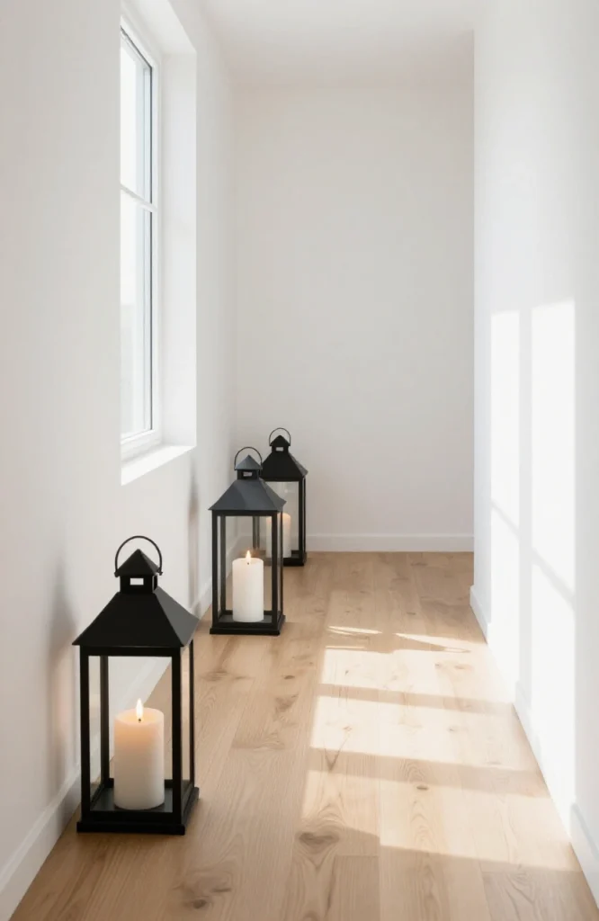White pillar candles lit inside black metal lanterns arranged as minimal Halloween decoration