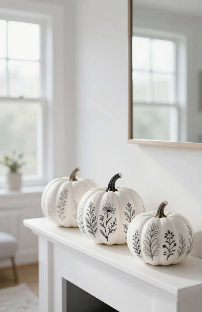 White pumpkins decorated with black floral patterns and designs for minimalist Halloween home decor
