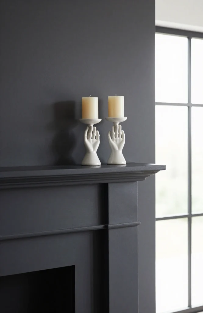 White skeleton hand-shaped candle holders displaying lit candles for minimal black and white Halloween decoration