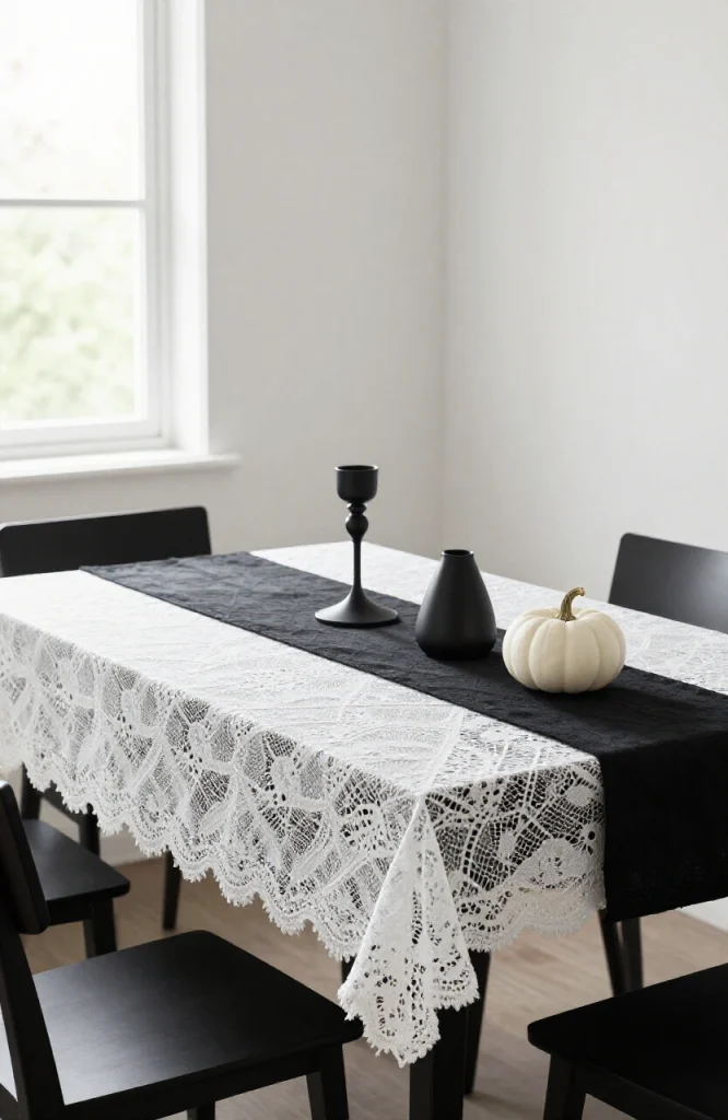 White spider web tablecloth draped on table with black spiders for minimal Halloween decoration
