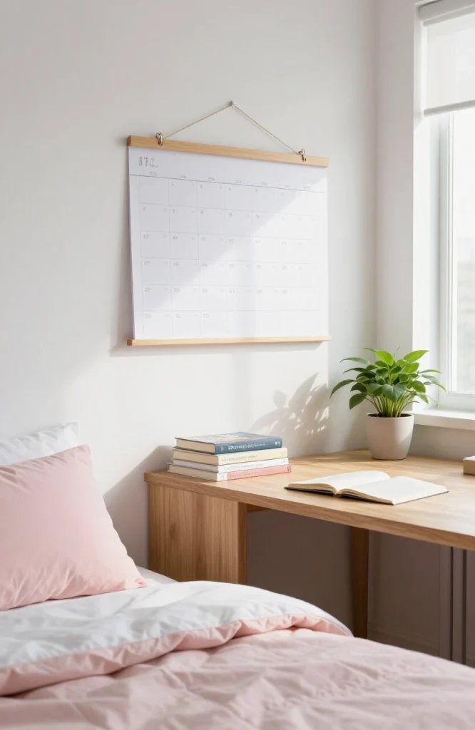 White whiteboard calendar mounted on dorm room wall for tracking assignment deadlines and study schedules