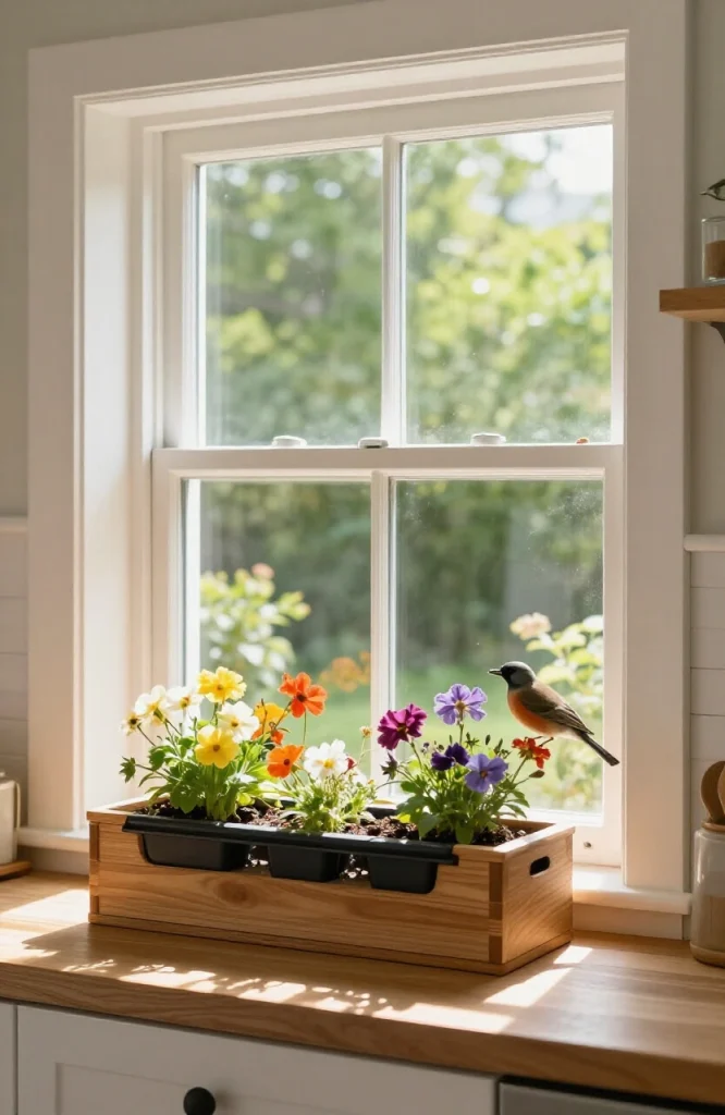DIY window box bird feeder insert with seed compartments mounted on exterior window sill
