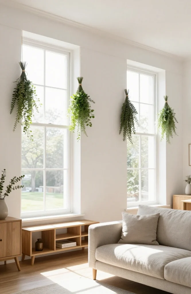Minimalist window frame decorated with tied greenery bundles and simple evergreen branches for Christmas