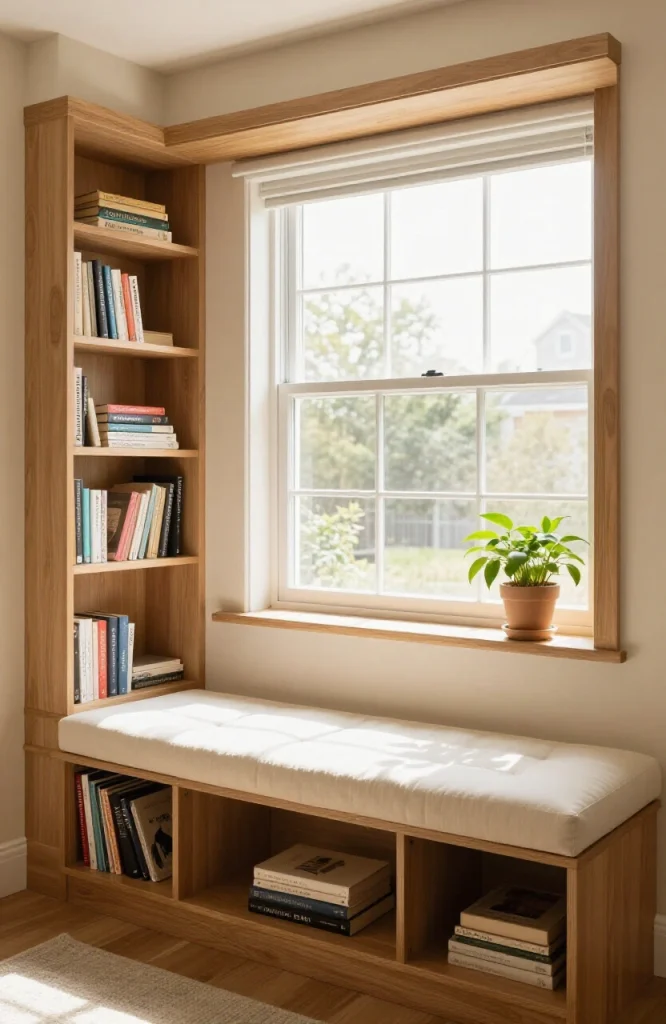 Window seat with integrated built-in bookshelf storage underneath providing dual functionality in compact bedroom