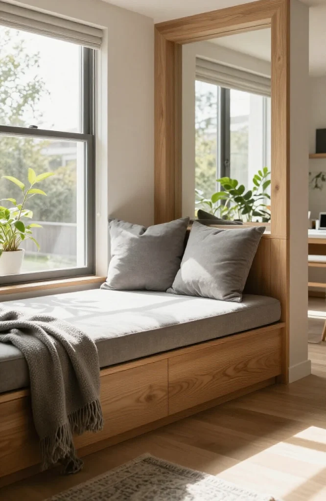 Cozy window seat with cushions and pillows creating defined reading nook in open concept living space