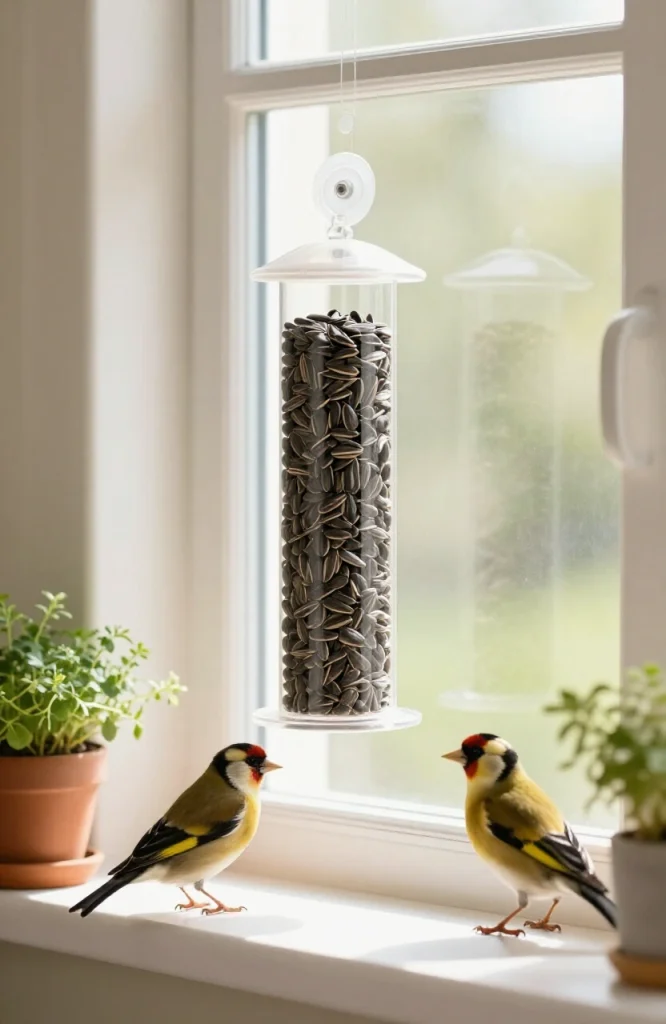 Clear acrylic window suction cup bird feeder mounted on glass with small birds perched and feeding
