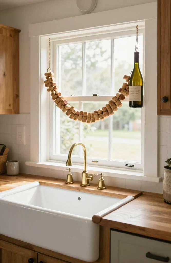 Handmade bird feeder made from wine corks strung together as a garland with birdseed and decorative elements