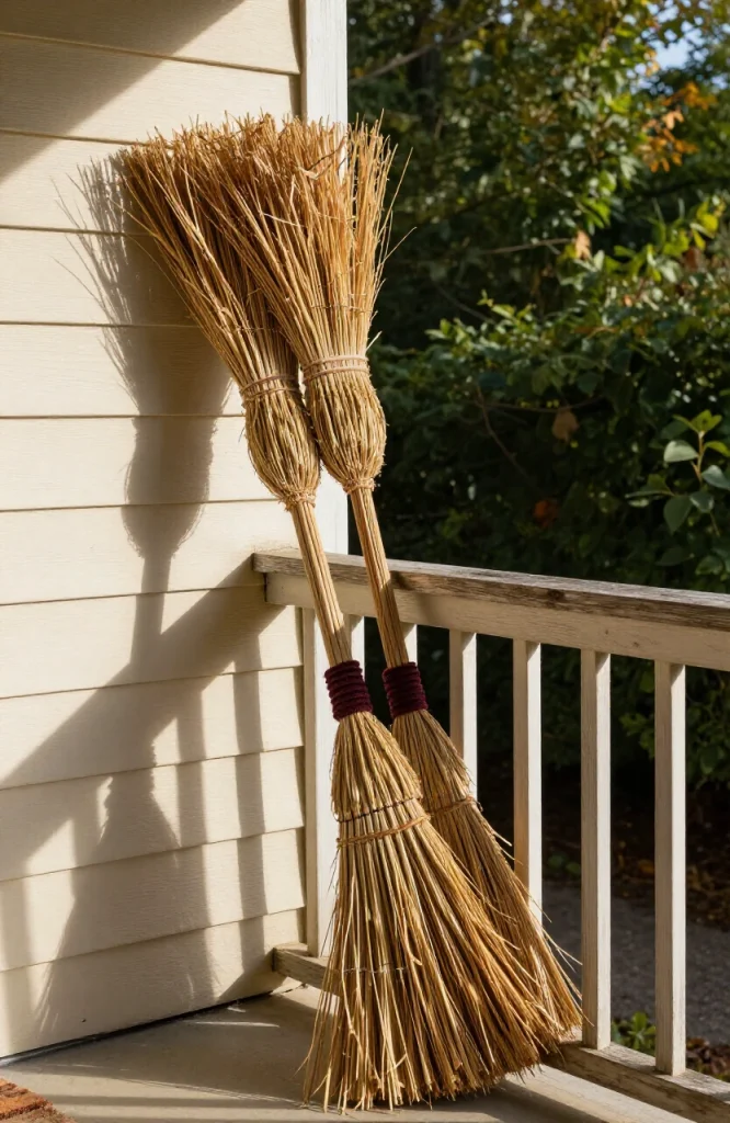 Witch broomsticks leaning against doorframe creating spooky Halloween walkway entrance decoration