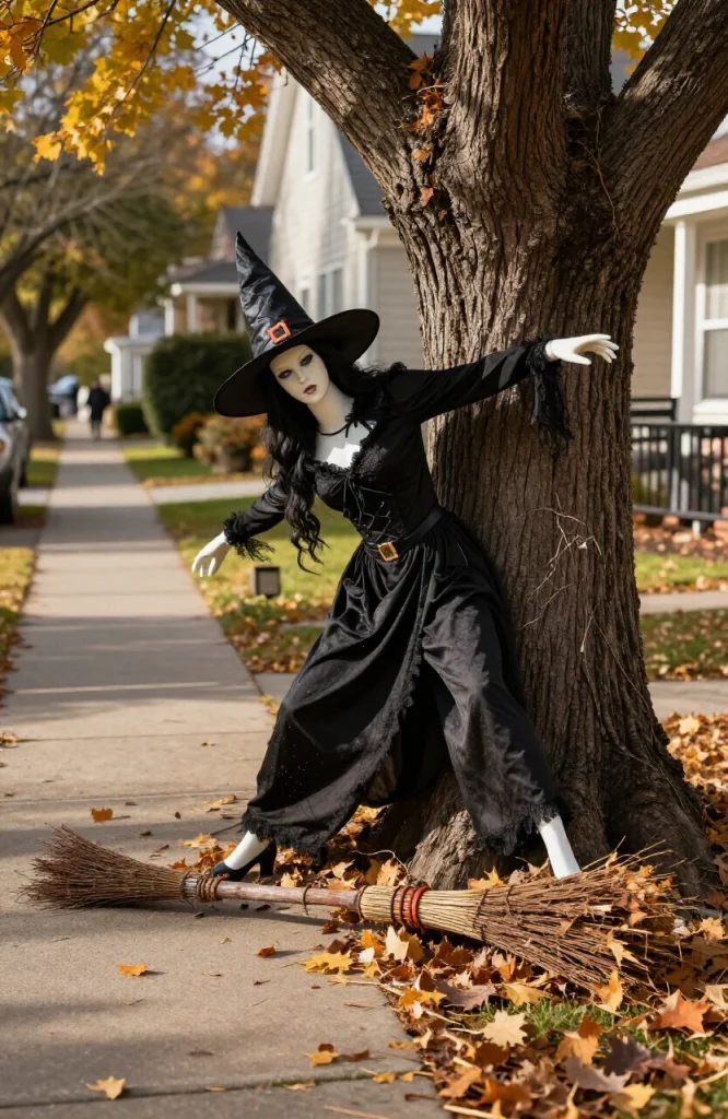 Halloween walkway decoration featuring a witch figure crashed into a tree trunk with spilled broomsticks and autumn leaves