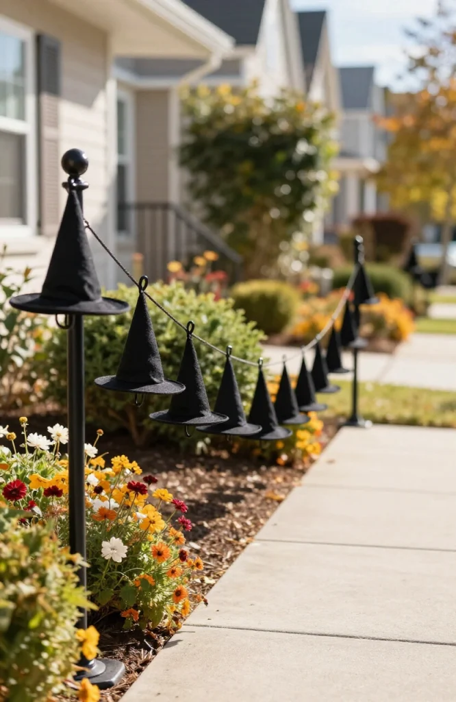 Black witch hat garland decoration strung between wooden posts lining a Halloween walkway