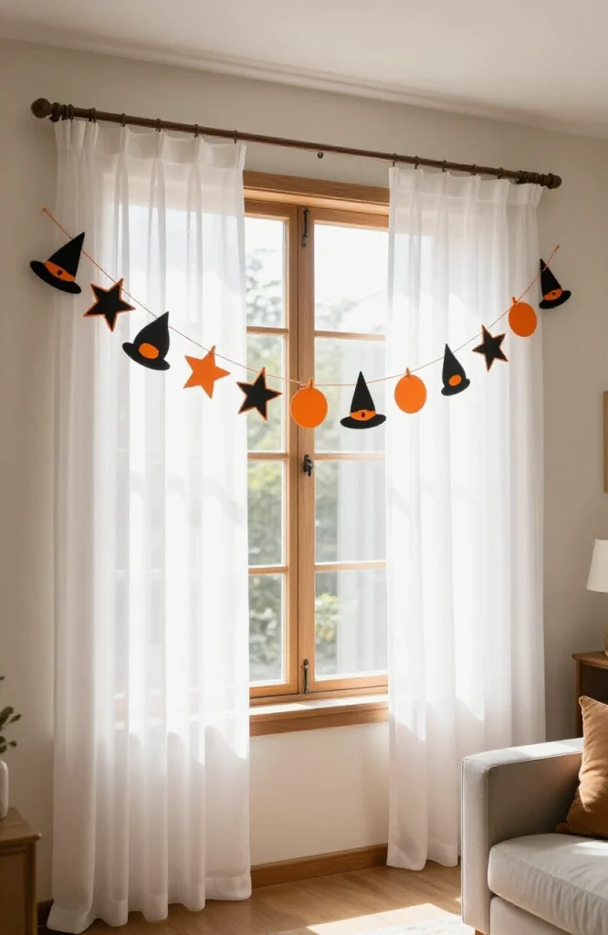 Black witch hat garland strung horizontally across a window frame as Halloween decoration