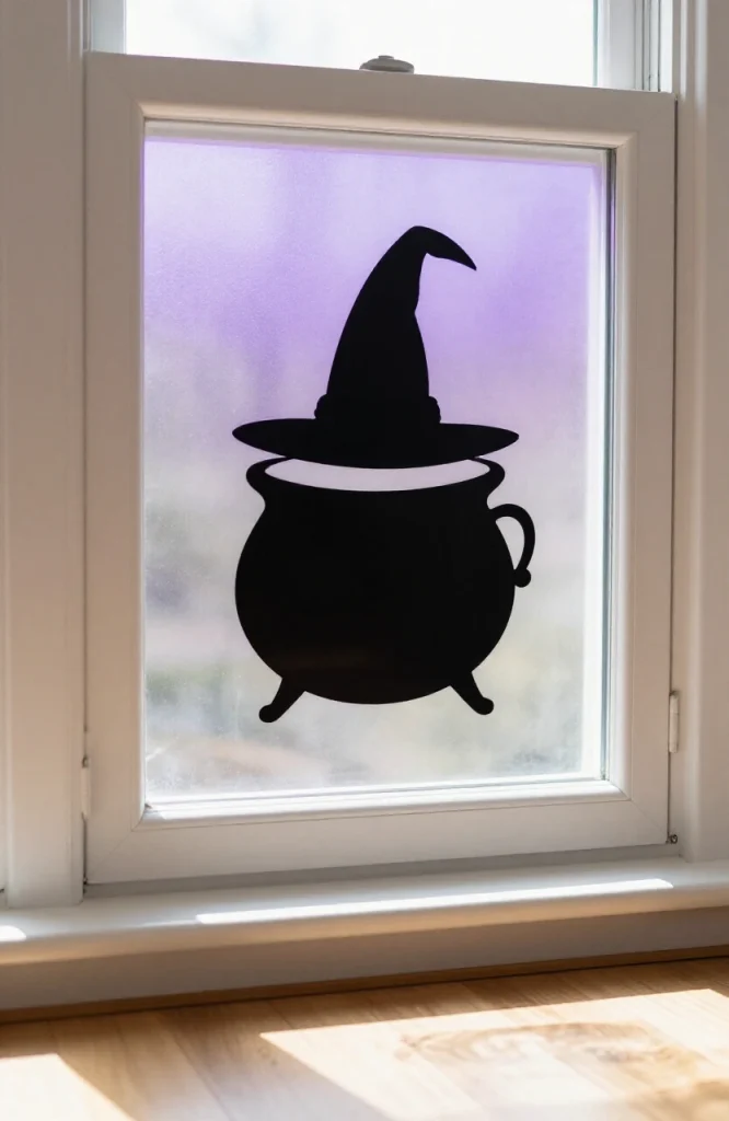 Frosted window film showing silhouette of witch with hat and broomstick against white background