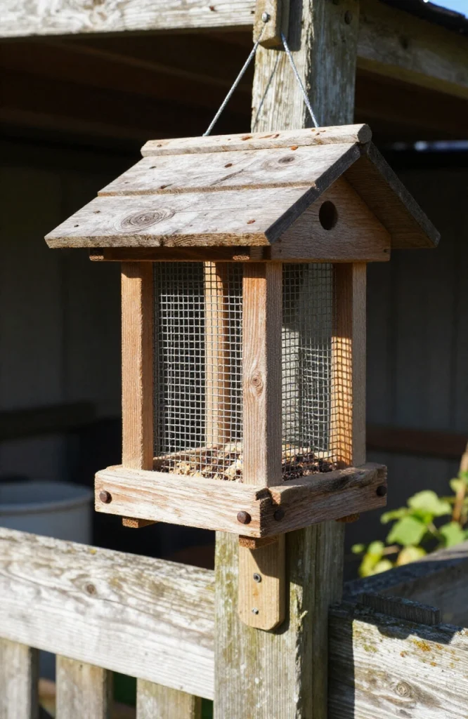 Handmade wooden frame suet cage feeder with wire mesh sides holding suet cake for birds