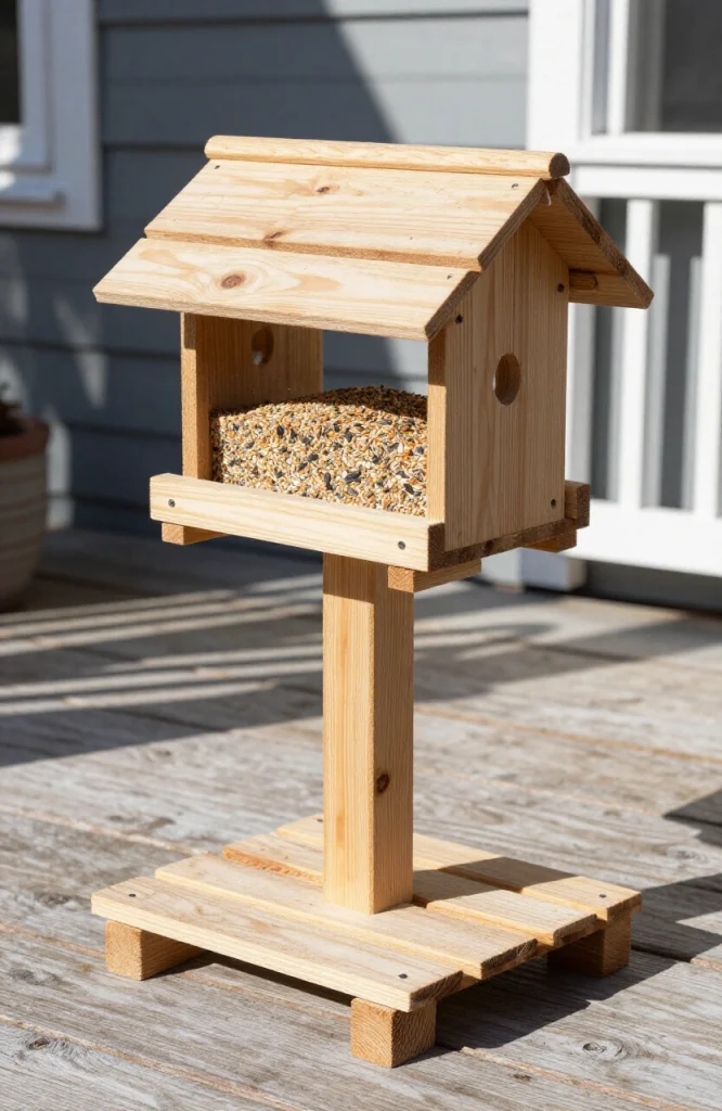 Rustic wood pallet bird feeder station with multiple feeding ports and perches for attracting backyard birds
