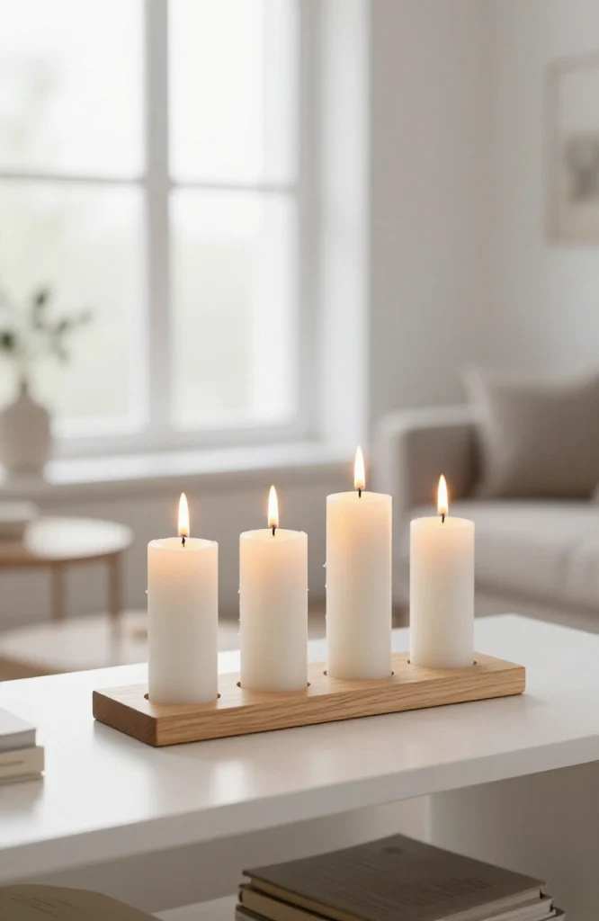Wooden candle arch with lit candles arranged in minimalist Danish Advent style for simple Christmas decoration