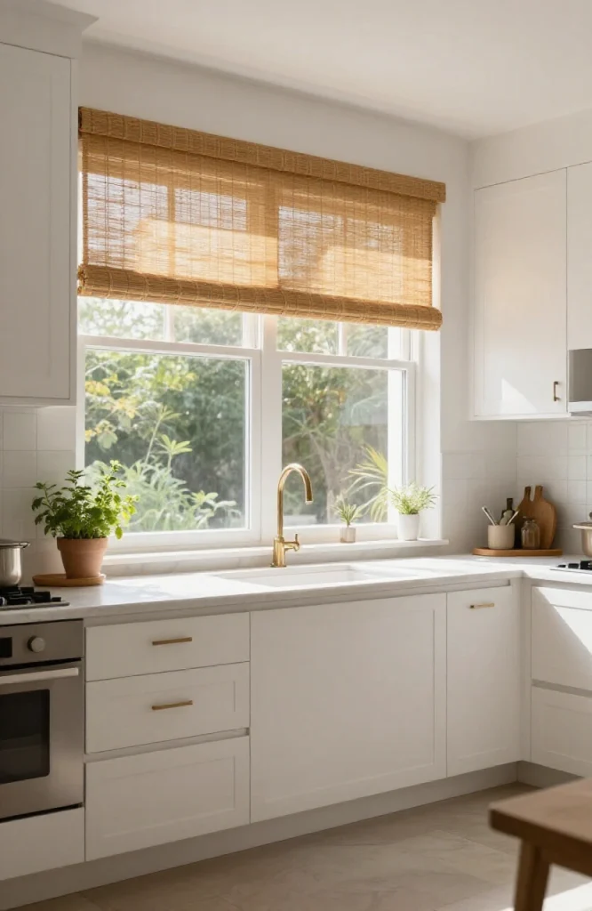 Natural woven wood shades installed on a kitchen window providing soft filtered light and warm texture