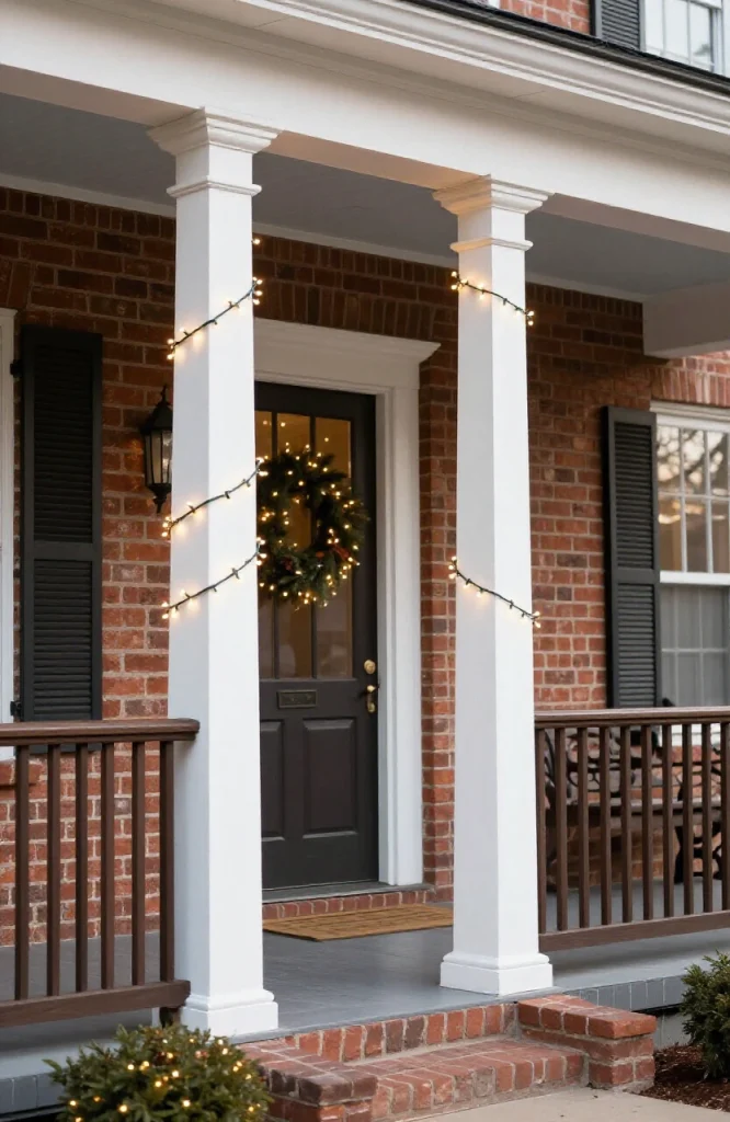Porch columns and railings wrapped with warm white and multicolor Christmas lights creating festive outdoor holiday decoratio