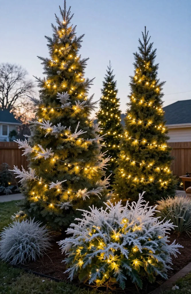 Tree wrapped in warm white LED string lights creating bright glowing effect around branches and foliage