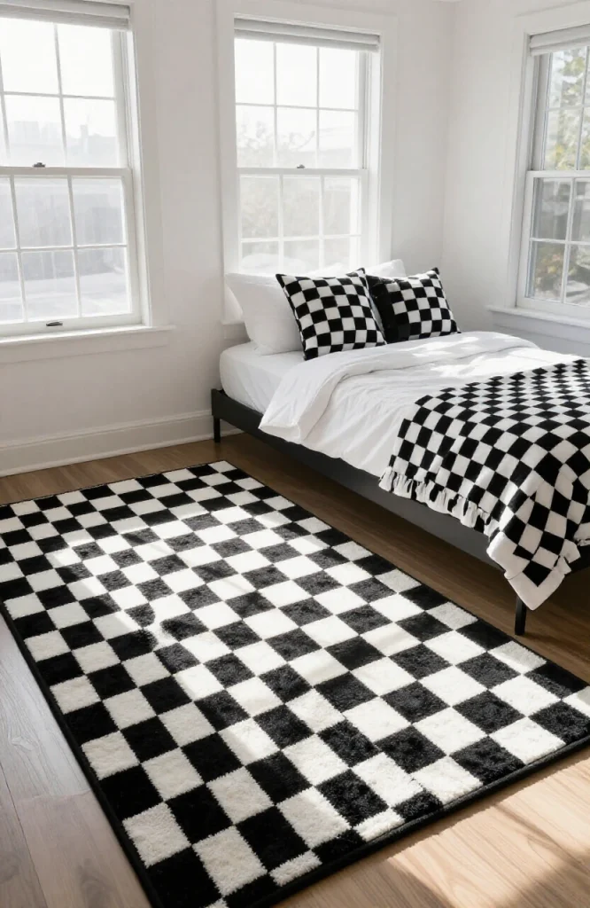 Modern bedroom with black and white checkerboard pattern on accent wall and matching bedding, iconic Y2K aesthetic element