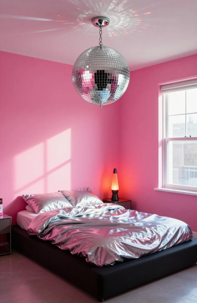 Silver disco ball hanging from ceiling in a 2000s-style bedroom with warm lighting and minimal decor