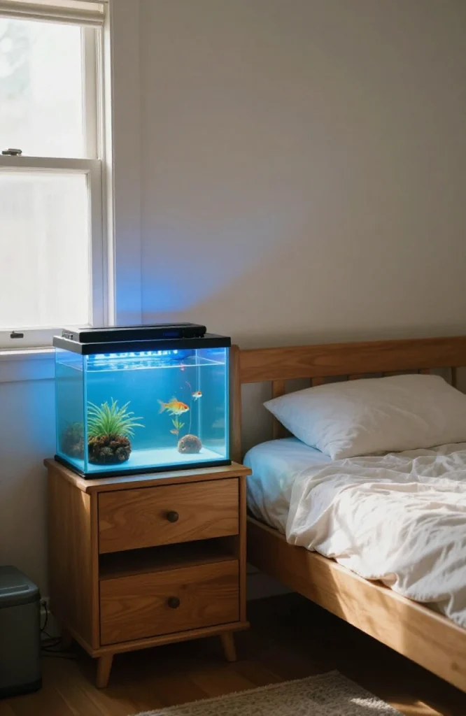 Glass fish tank with colorful fish and aquatic plants positioned as bedroom decor element in Y2K style room