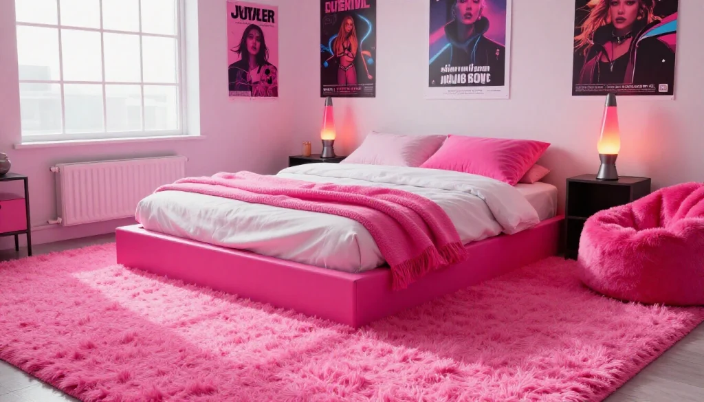Modern bedroom decorated with Y2K aesthetic featuring neon accents, bold colors, and early 2000s style furniture