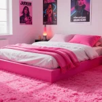 Modern bedroom decorated with Y2K aesthetic featuring neon accents, bold colors, and early 2000s style furniture