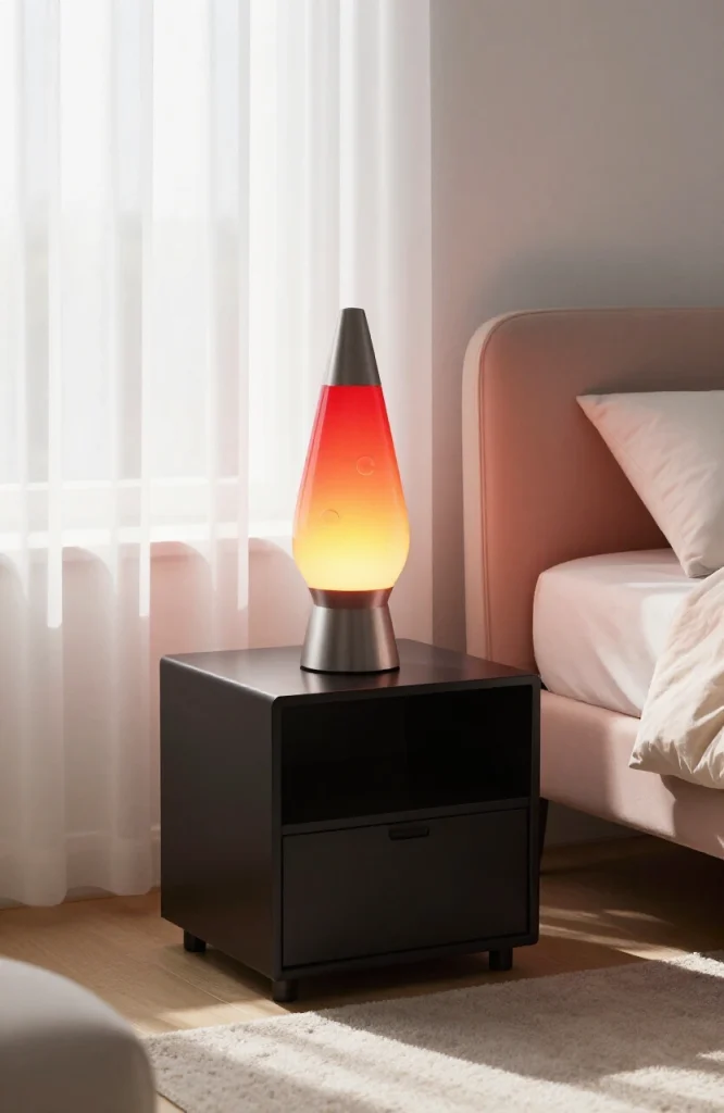 Purple lava lamp glowing in dimly lit 2000s style bedroom with neon accents and dark walls