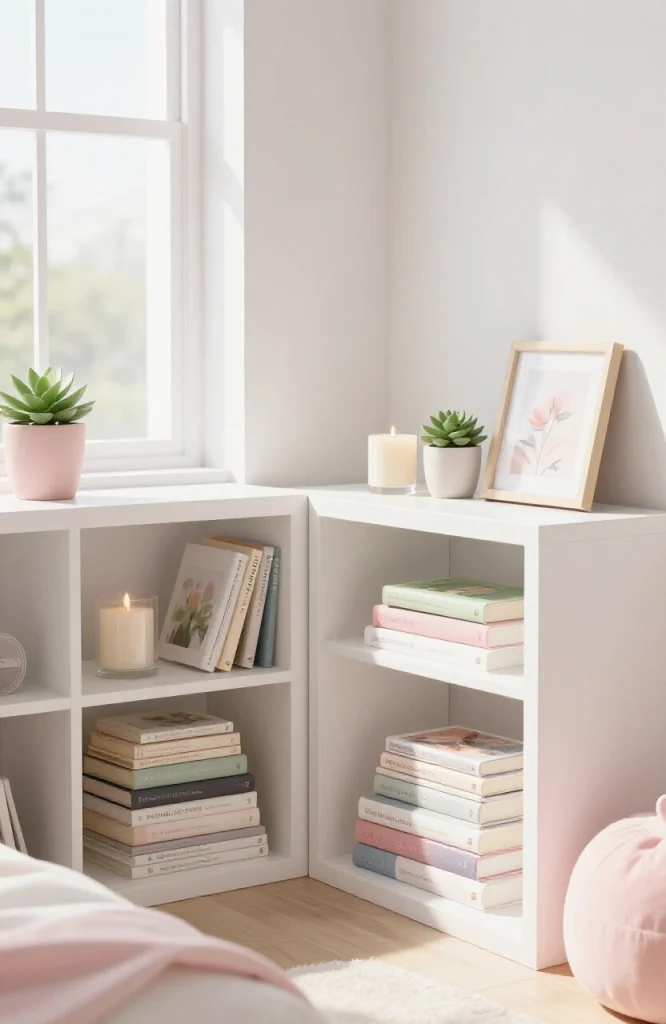 Open shelves styled with decorative items, books, and plants creating a Y2K bedroom display wall accent