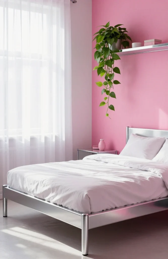 Bedroom with lush green plants on shelves and windowsill creating soft natural aesthetic for Y2K room design