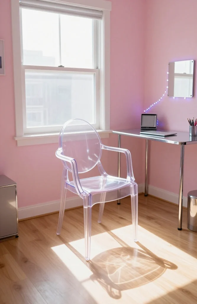 Translucent plastic acrylic chair in 2000s bedroom with purple lighting and minimalist decor