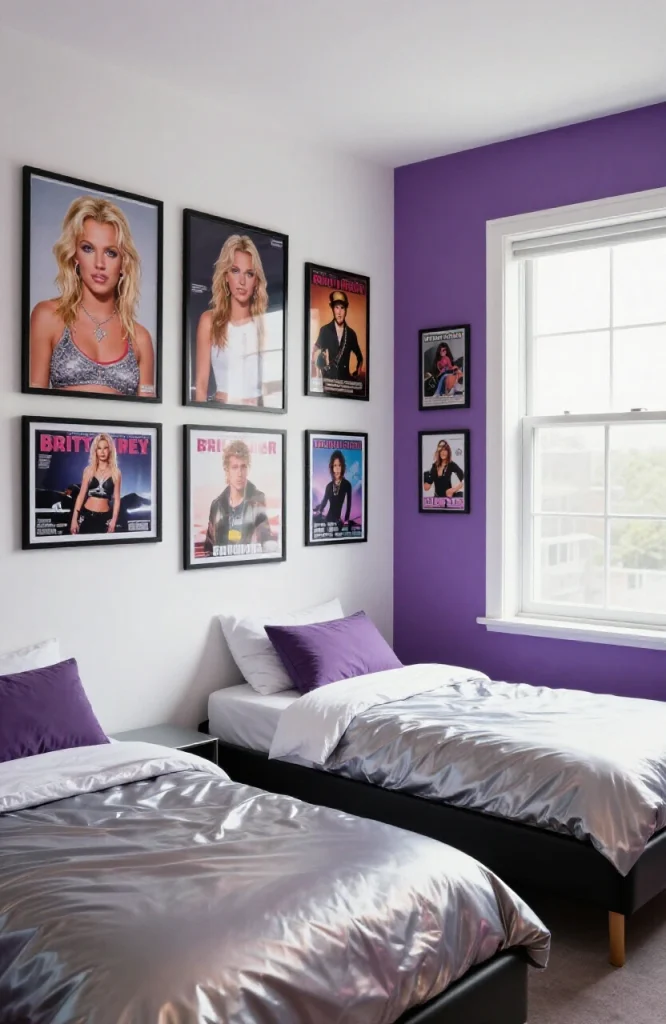 Bedroom wall displaying framed pop culture prints and fan art posters arranged in a gallery style layout with colorful frames