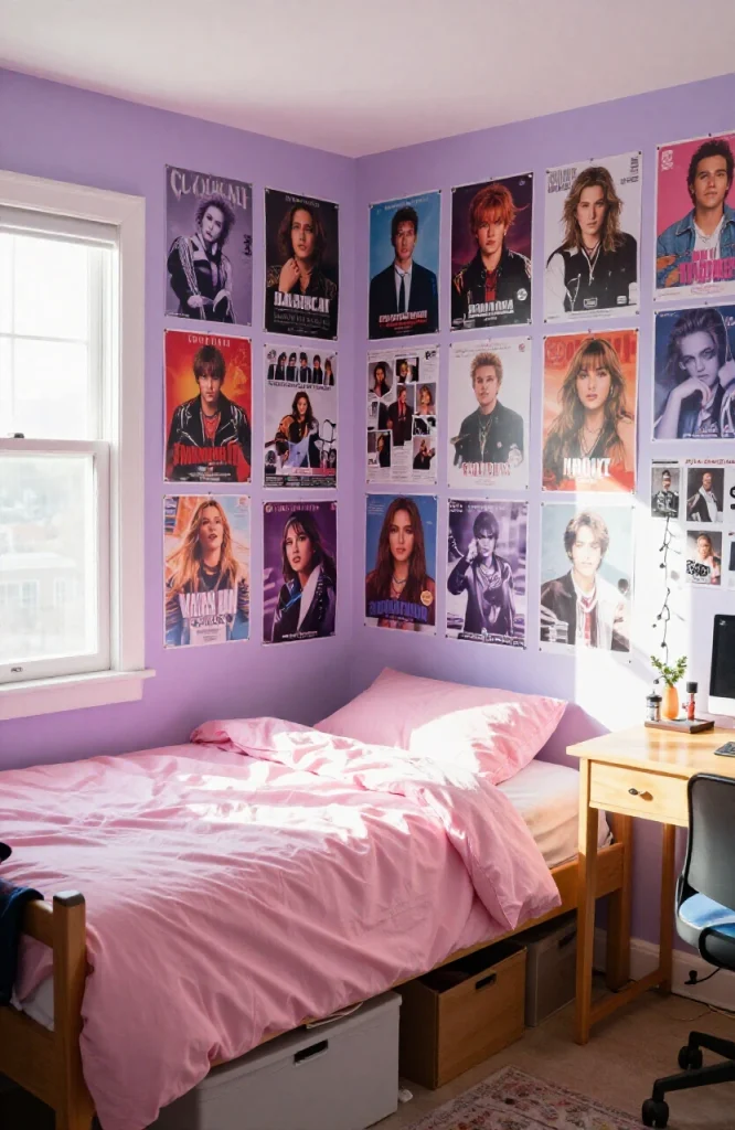 Bedroom wall covered with colorful posters and magazine cutouts arranged in a collage pattern, featuring 2000s pop culture im