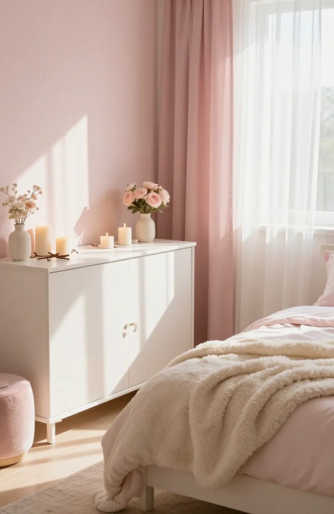 Aromatherapy candle and diffuser in 2000s bedroom with pink walls and retro furniture