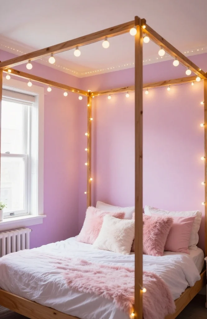 Bedroom decorated with colorful string lights draped across walls and ceiling creating warm ambient lighting