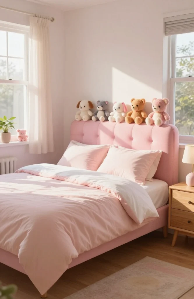 Bedroom wall decorated with colorful plush stuffed animals arranged on shelves and furniture