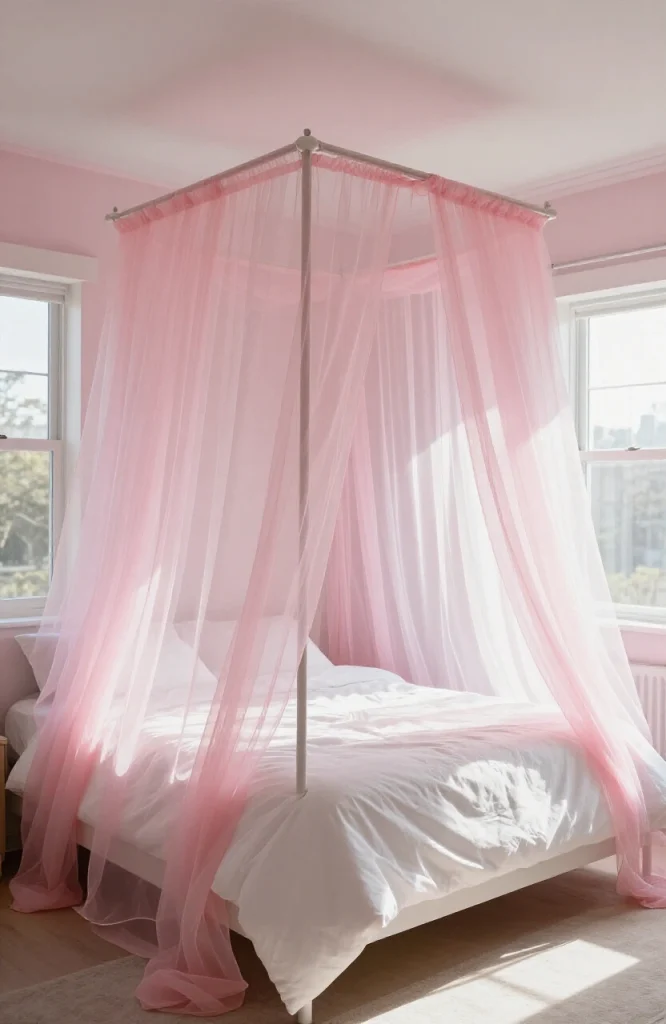 Modern bedroom with sheer fabric canopy draped over bed frame creating romantic Y2K style bedroom design
