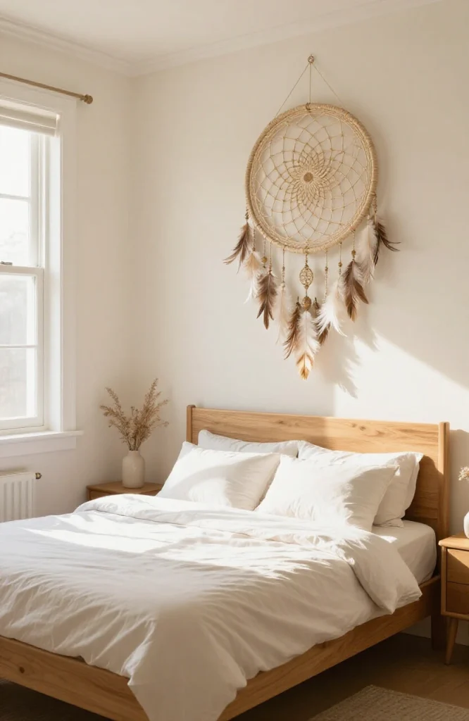 Decorative dreamcatcher with beads and feathers hung above a bed as Y2K bedroom wall decor