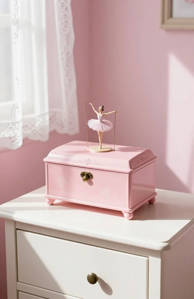 Decorative jewelry box displayed on bedroom shelf as Y2K aesthetic decor piece