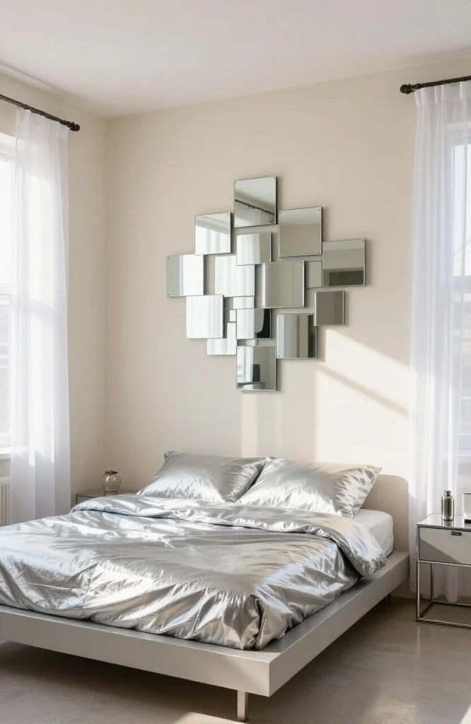 Silver mirror ball hanging next to reflective wall panels in a 2000s-inspired bedroom with colorful LED lighting