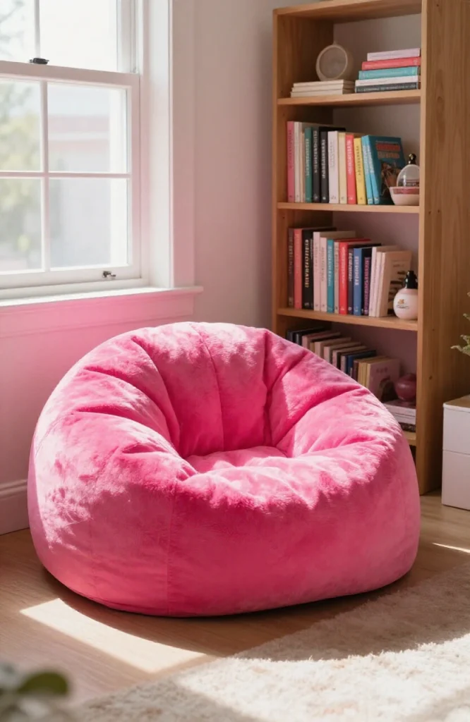 Modern bedroom reading nook featuring a colorful beanbag chair, floor lamp, and stacked books against a neutral wall