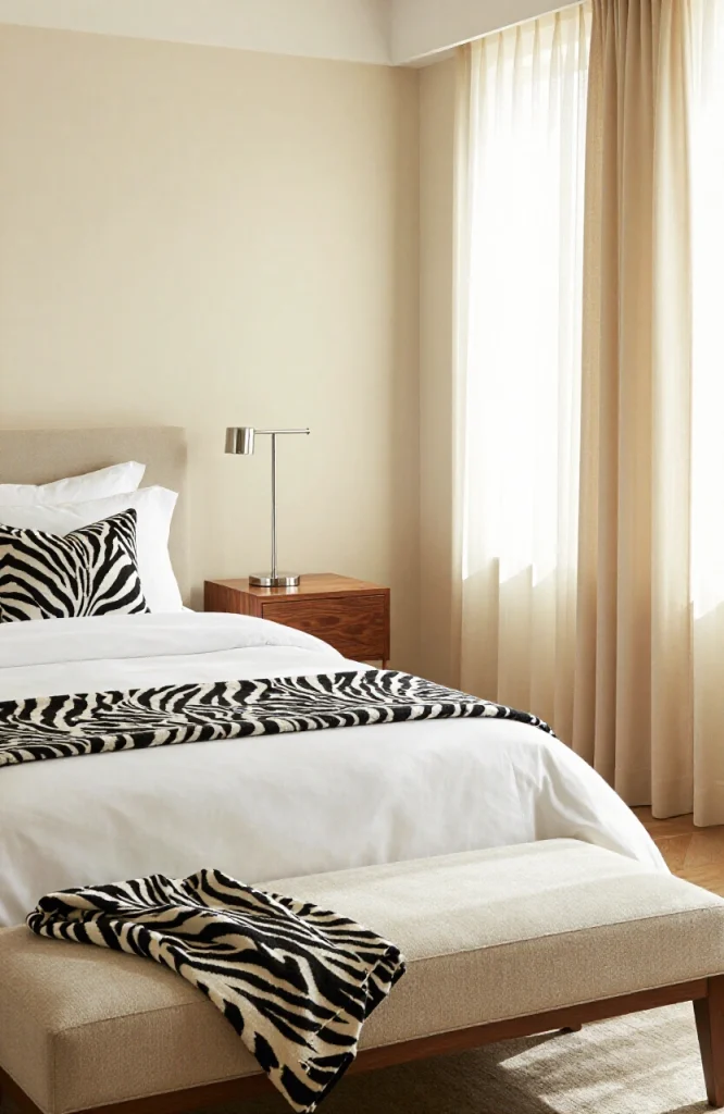 Y2K bedroom with black and white zebra print accent wall, featuring modern furniture and contemporary decor