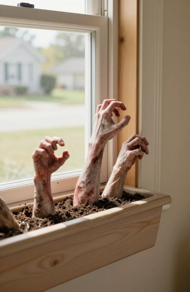 Creepy zombie hands with gray-green skin reaching up from below a window sill